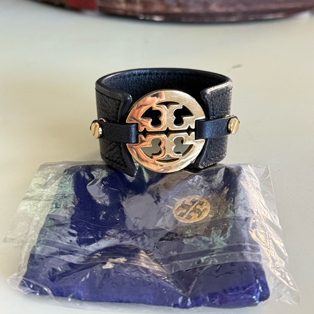 Tory Burch Black Leather Bracelet Cuff with Gold Logo